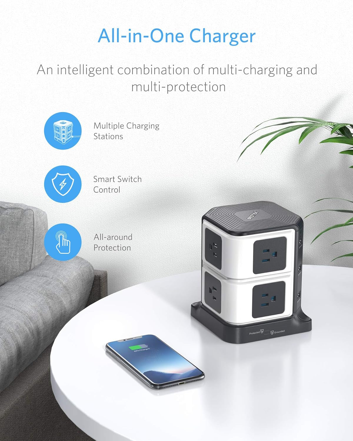 Power Tower with USB 8-Outlet 