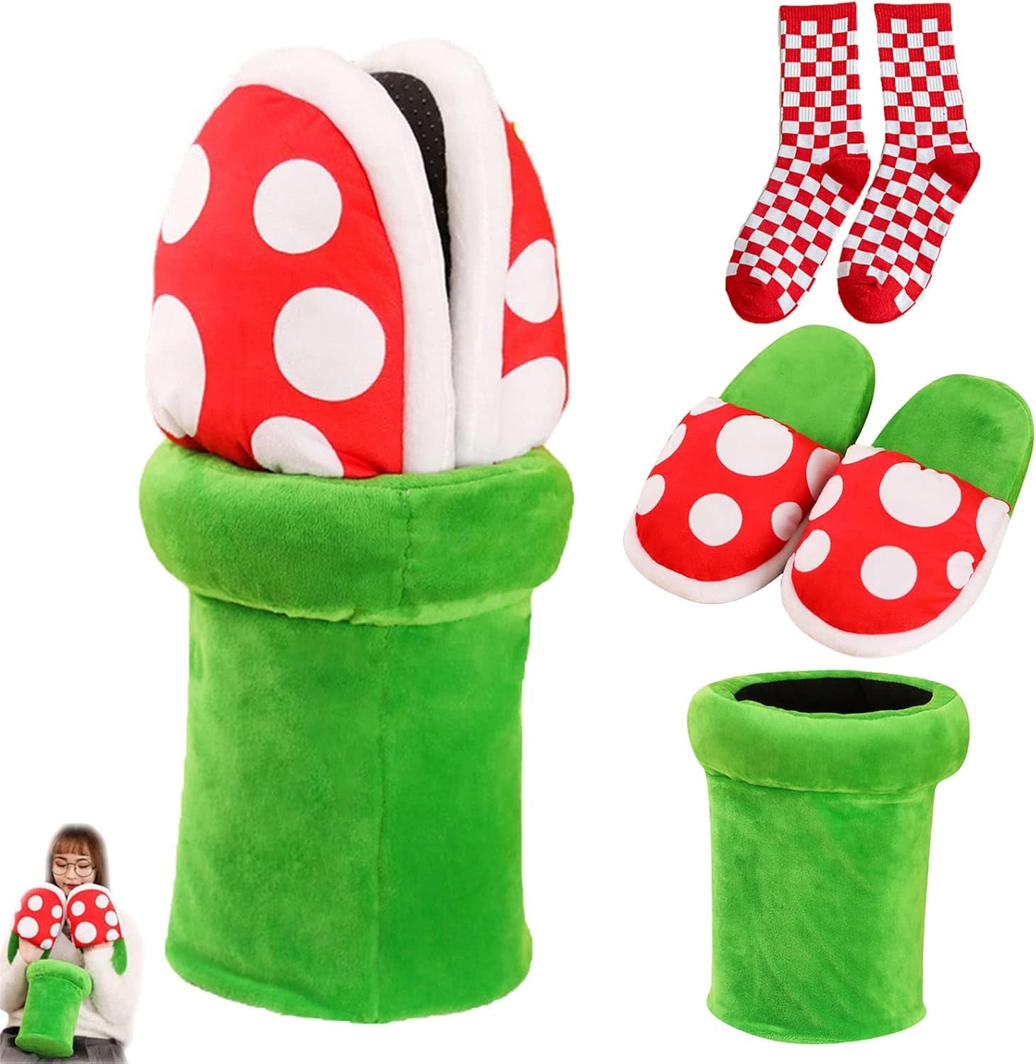 Piranha Plant Slippers with Pipe Pot Holder - Mushroom Loafers with Red Socks