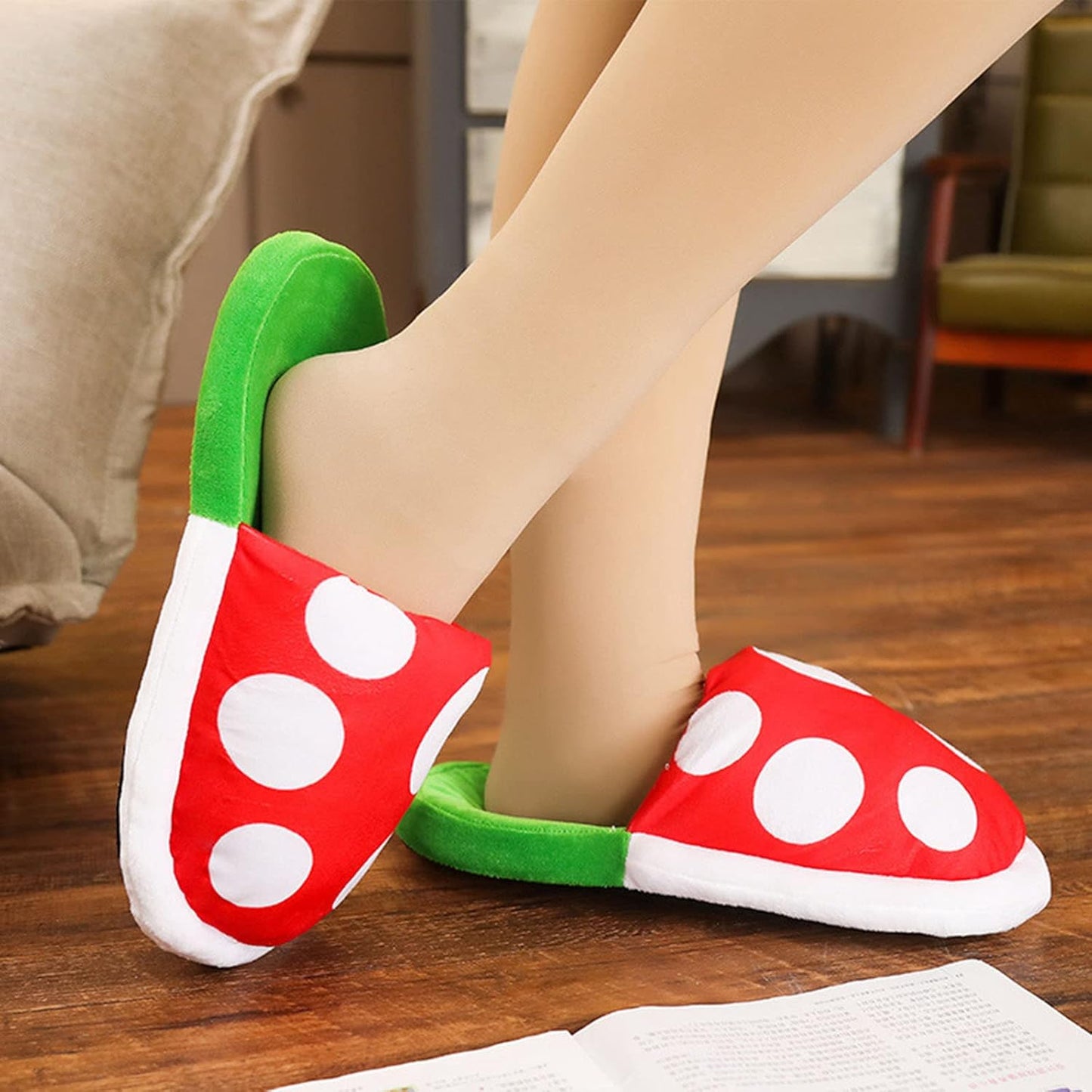 Piranha Plant Slippers with Pipe Pot Holder - Mushroom Loafers with Red Socks