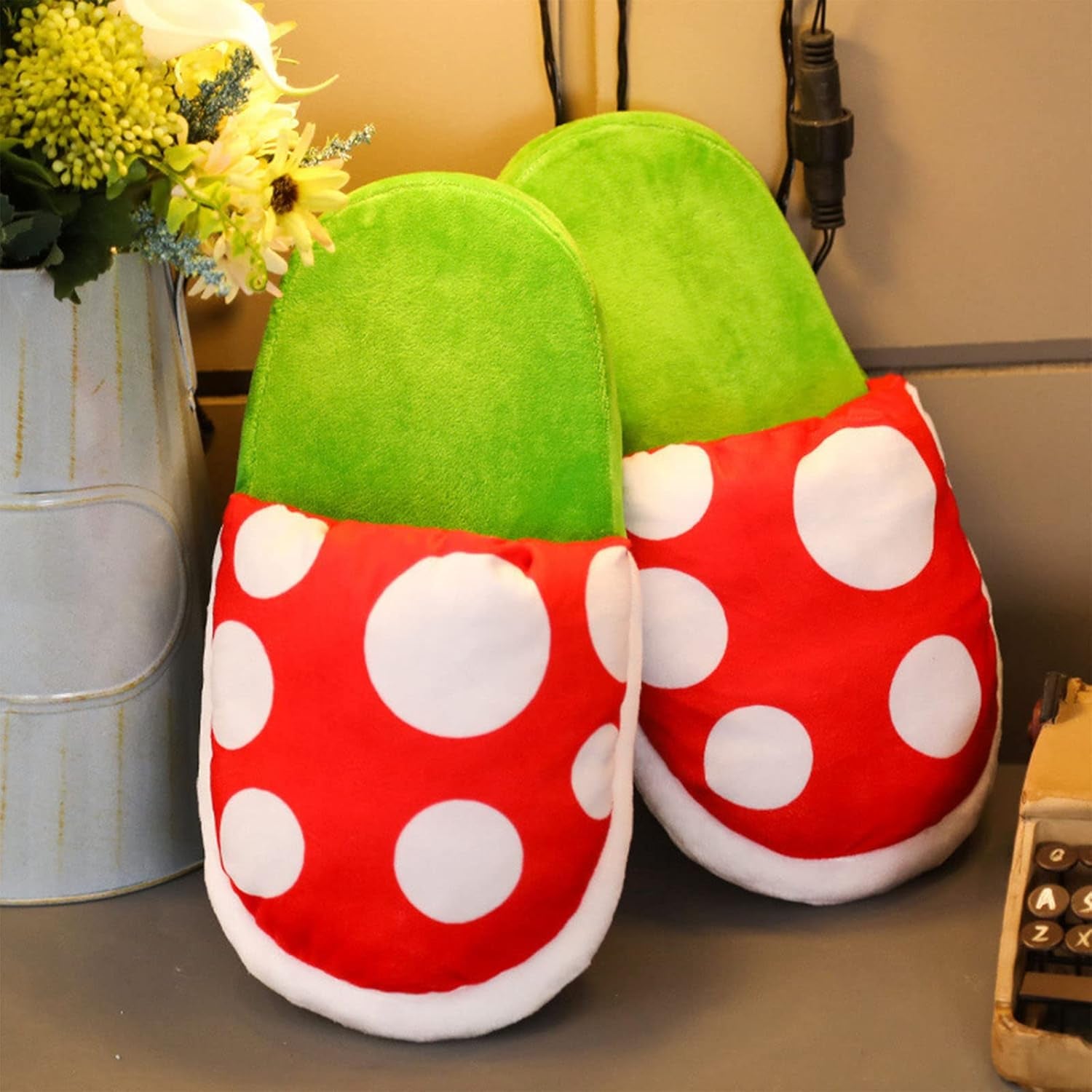 Piranha Plant Slippers with Pipe Pot Holder - Mushroom Loafers with Red Socks