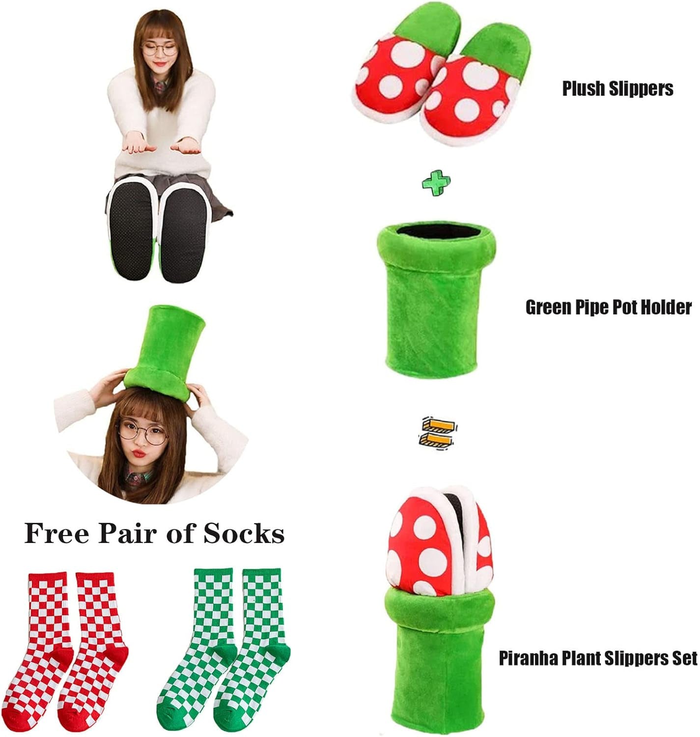 Piranha Plant Slippers with Pipe Pot Holder - Mushroom Loafers with Red Socks
