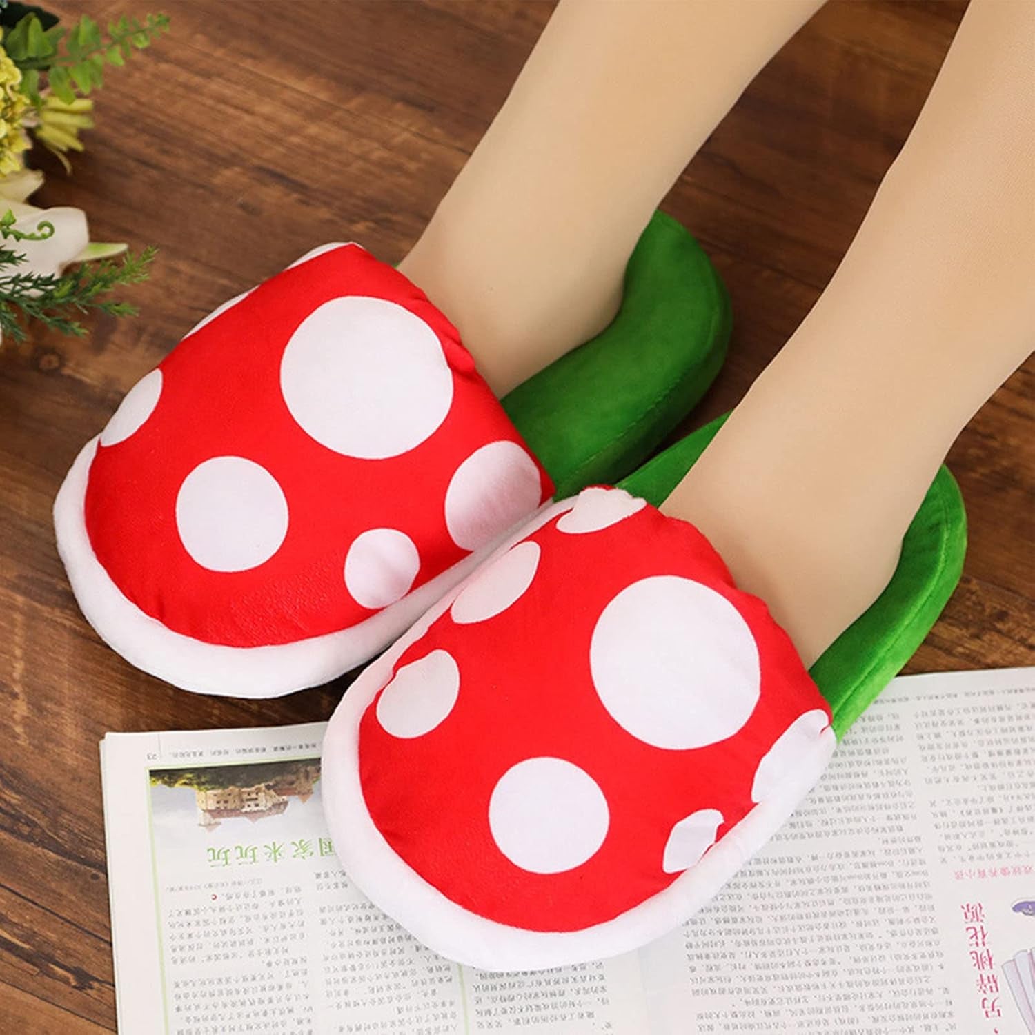 Piranha Plant Slippers with Pipe Pot Holder - Mushroom Loafers with Red Socks